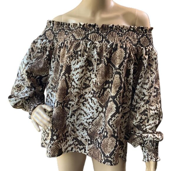And The Why Brown Snake Print Off-Shoulder Long Sleeve Smocked Blouse Size Large - Picture 1 of 13